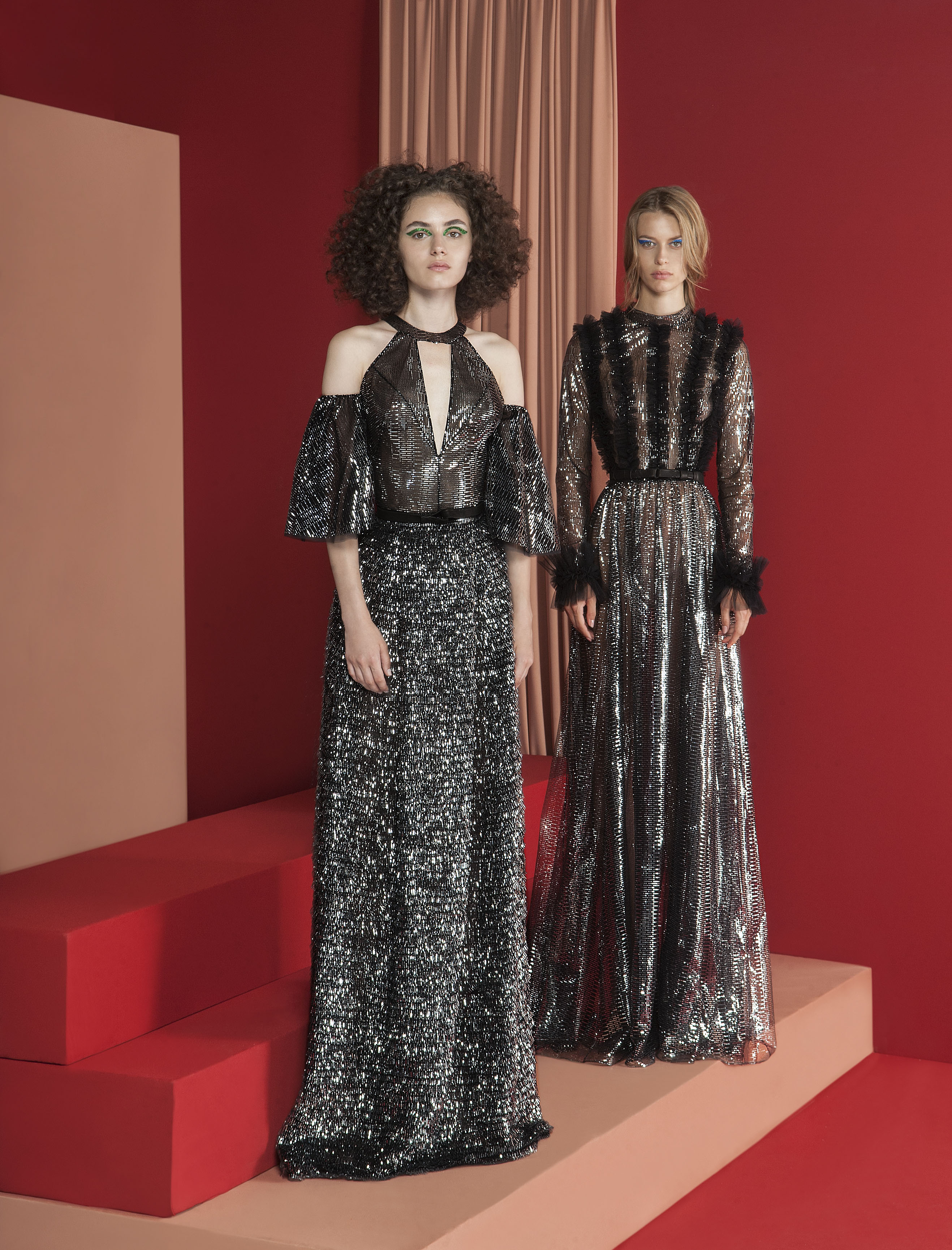 FW181 Black And Silver Aluminium Foiled Pleated Skirt And A Cut Out